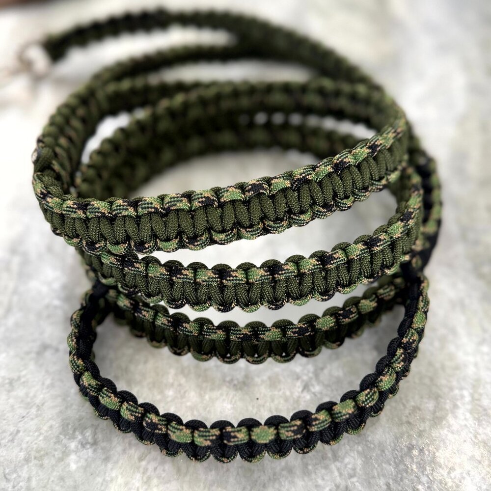 Dog Leash ~ 5' Camo, OD Green & Black Paracord Two Handles New Handmade in USA